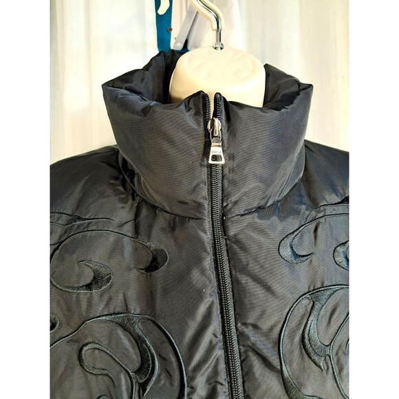 Guess Women’s Down Puffer Jacket Black Embroidered Full Zip Ski Western Large - Picture 3 of 15